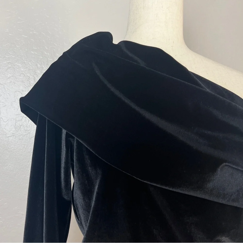 •CARBON38• Black Velvet Off-the-Shoulder‎ Drape Pullover Sweatshirt Size XS - Picture 5 of 13